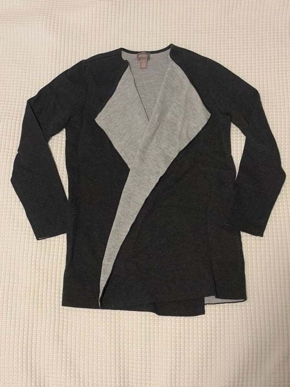 Chico's Charcoal and Gray Two-Tone Open Front Drape Cardigan Sweater 1